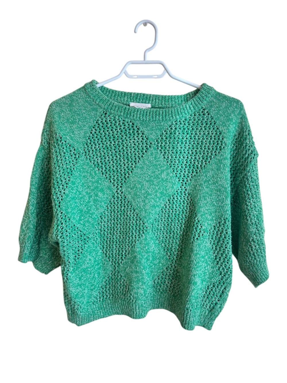 Hudson North Green Knit Sweater Top Argyle Open Knit 3/4 Sleeve Lightweight Crop